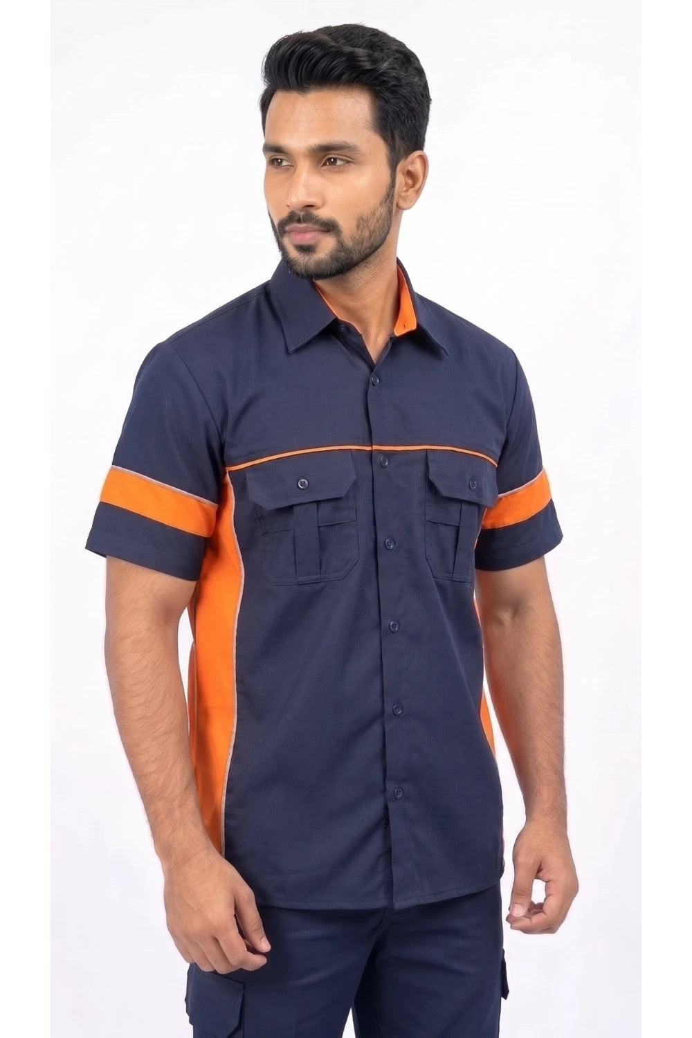 Side angle view of navy and orange workwear shirt for factory and industrial staff