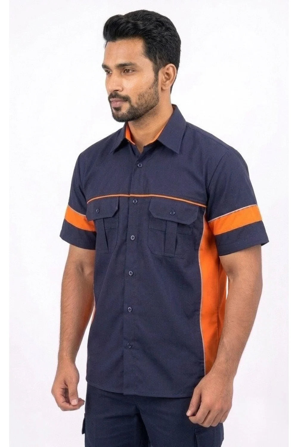 Three-quarter view of Rovin industrial half sleeve uniform shirt with contemporary fit