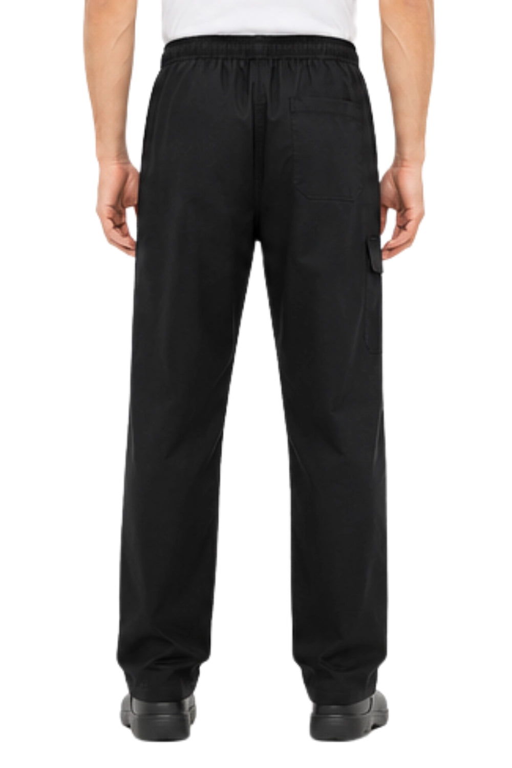 Black Timber trousers with elastic waistband, back patch pocket, side cargo pocket, worn by model, rear view