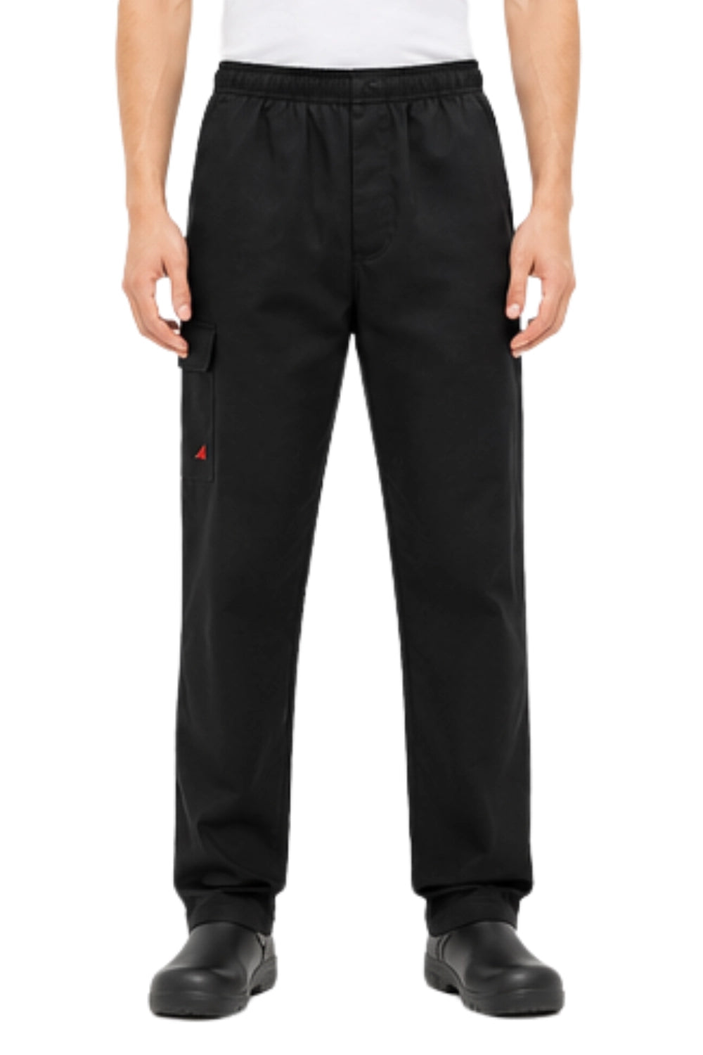 Black Timber trousers with elastic waistband, side cargo pocket, worn by model, front view