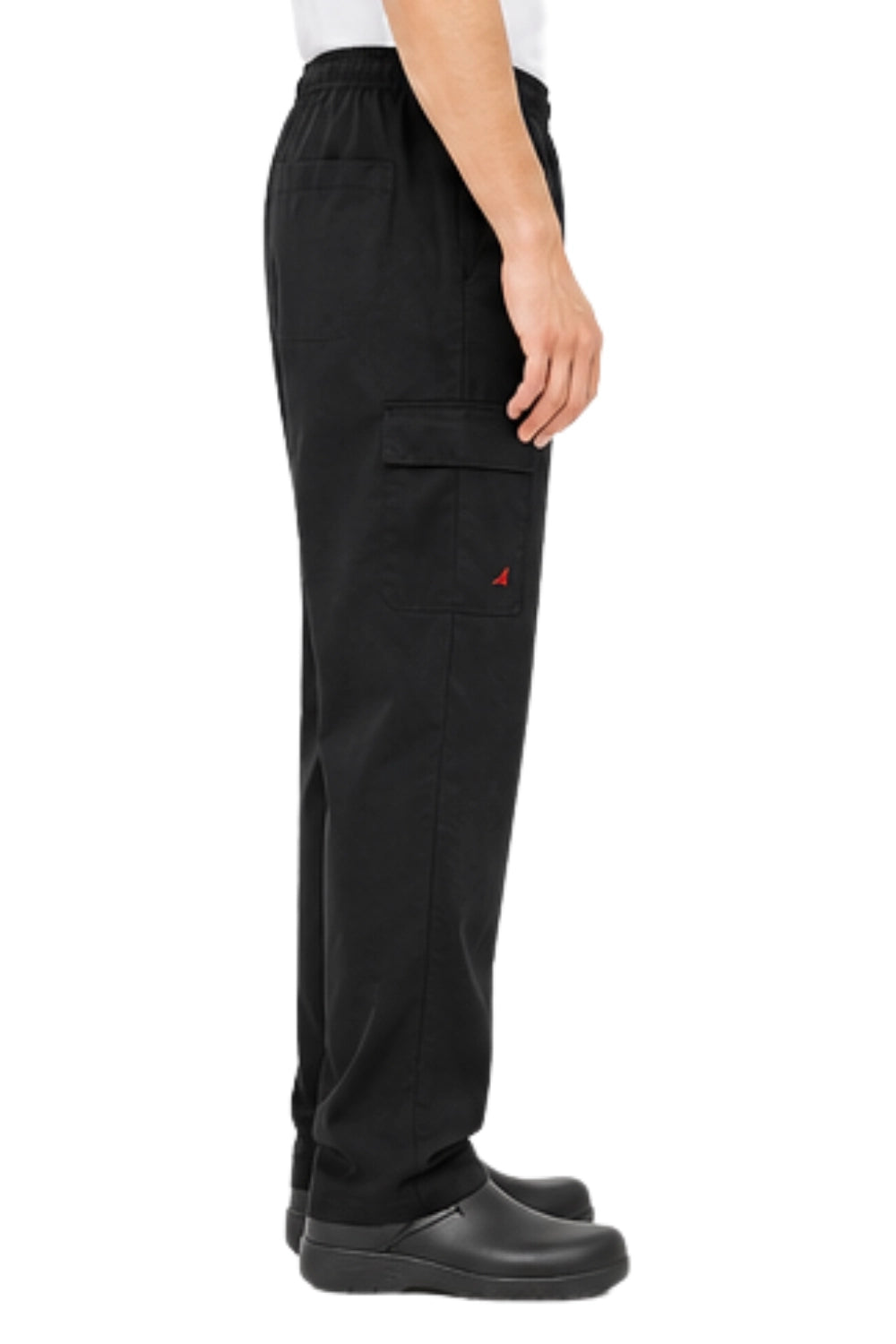 Black cargo trousers with elastic waistband, side flap pocket, worn by model in side view with black slip-on shoes