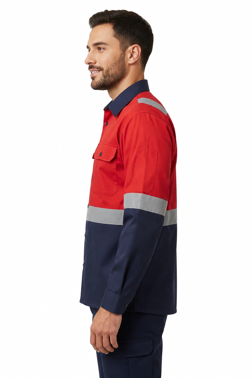 Man wearing a red and navy work shirt with reflective stripes on a white background