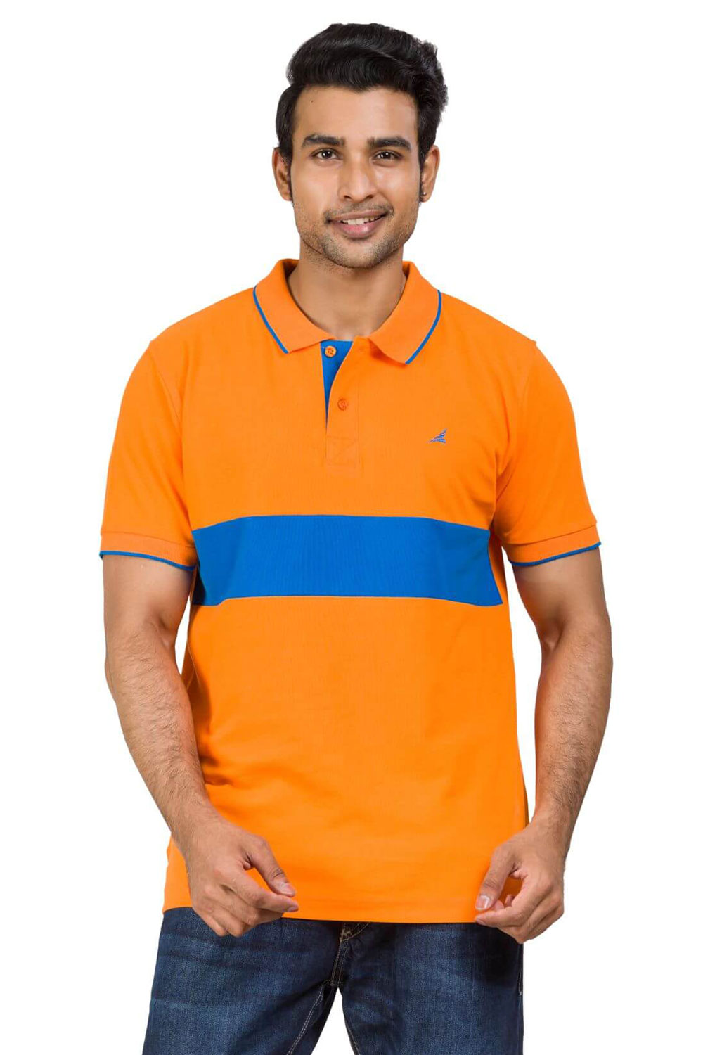 Orange-Blue Cotton Blend Polo T-shirt