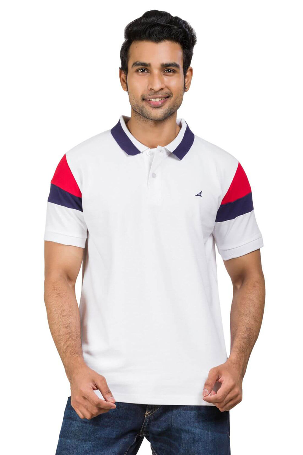 White-Red Navy Cotton Blend Polo T-shirt