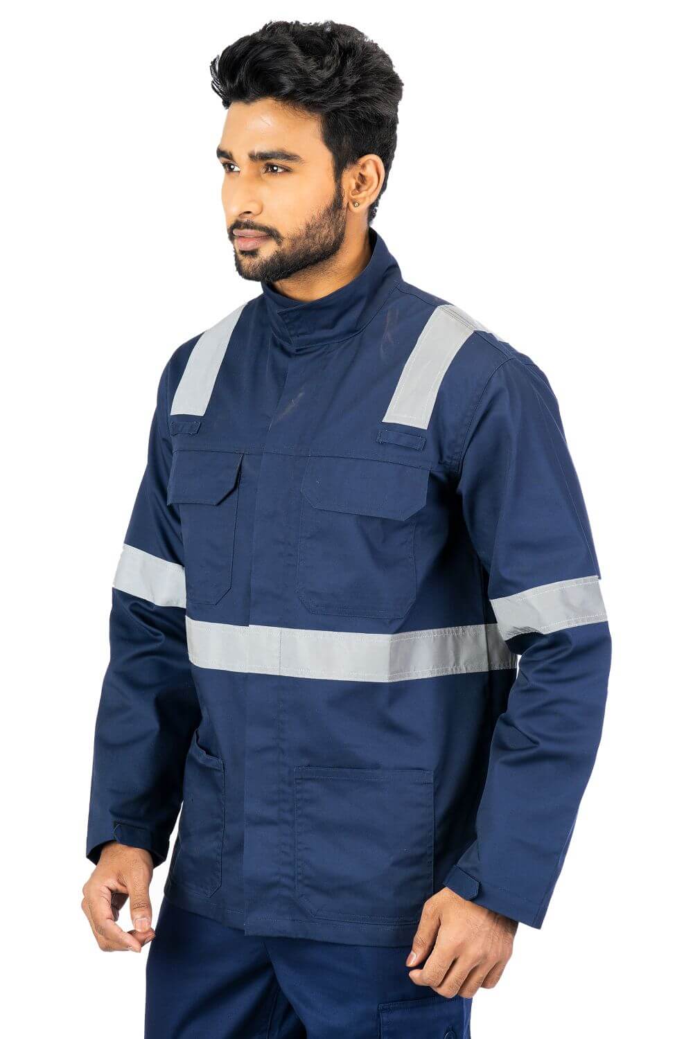 Industrial work jacket designed to provide optimum comfort and mobility during the strenuous hours at work.