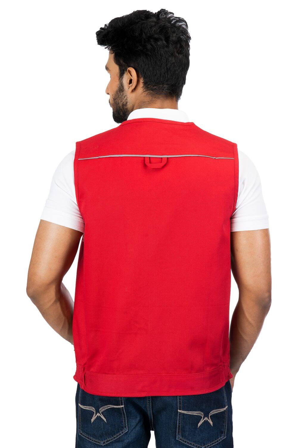 Stylised mid-torso bone pockets with concealed zips. An ergonomically designed multi-utility safari Red vest.