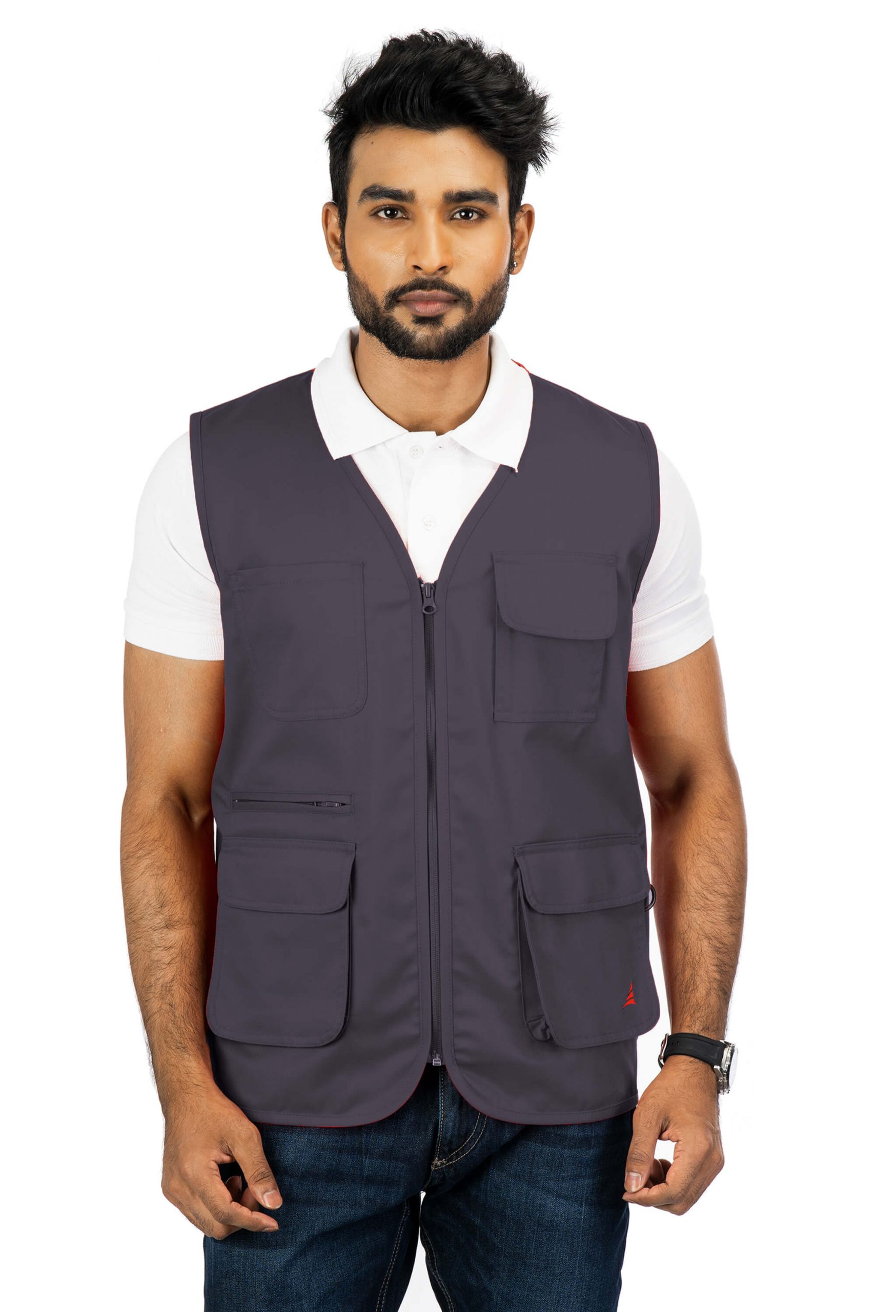 Stylised mid-torso bone pockets with concealed zips. An ergonomically designed multi-utility safari Dark Grey vest.
