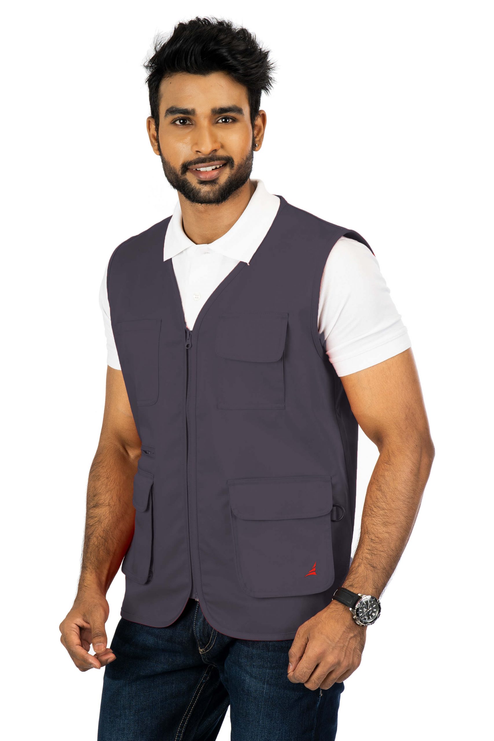 Stylised mid-torso bone pockets with concealed zips. An ergonomically designed multi-utility safari Dark Grey vest.