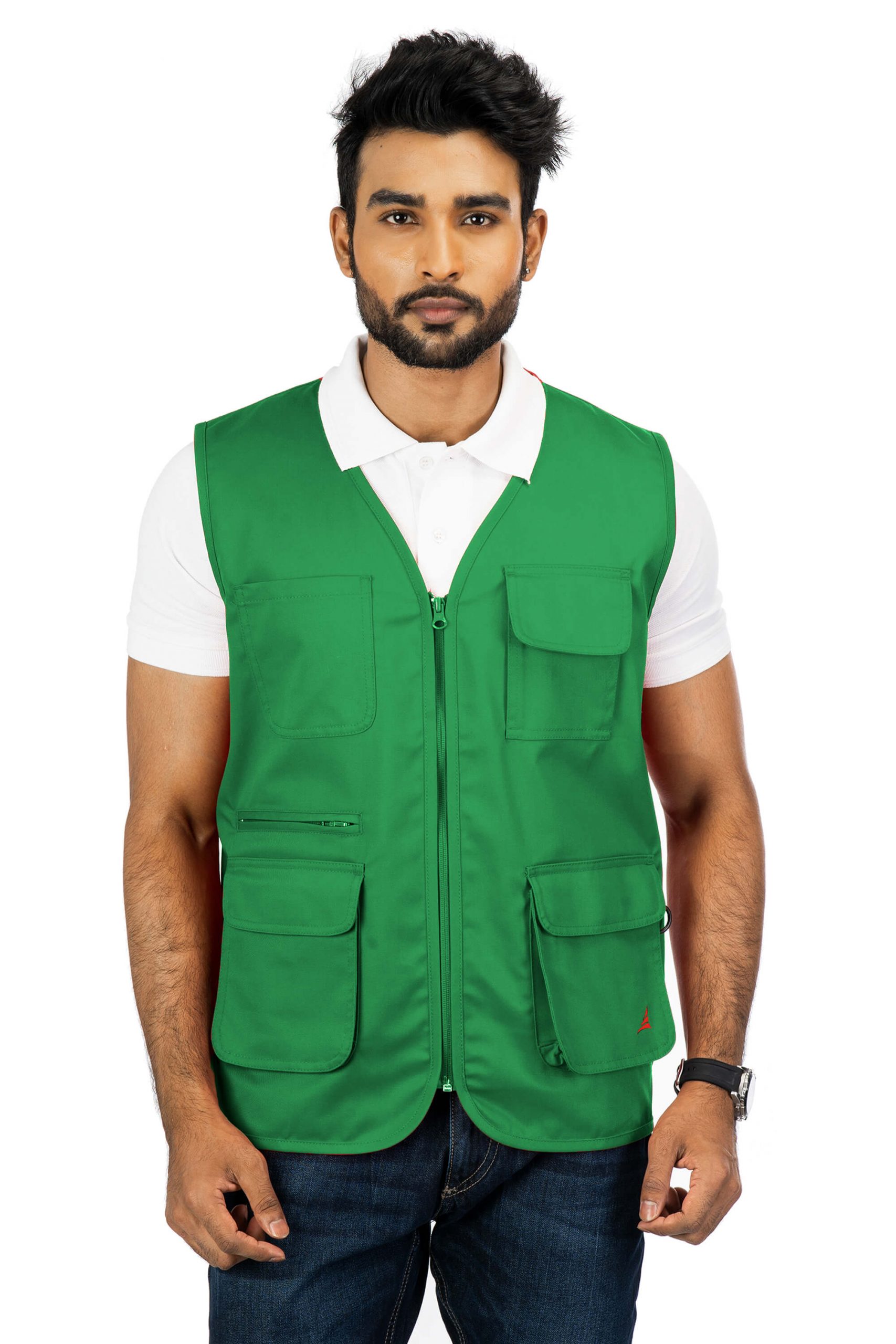 Stylised mid-torso bone pockets with concealed zips. An ergonomically designed multi-utility safari Green vest.