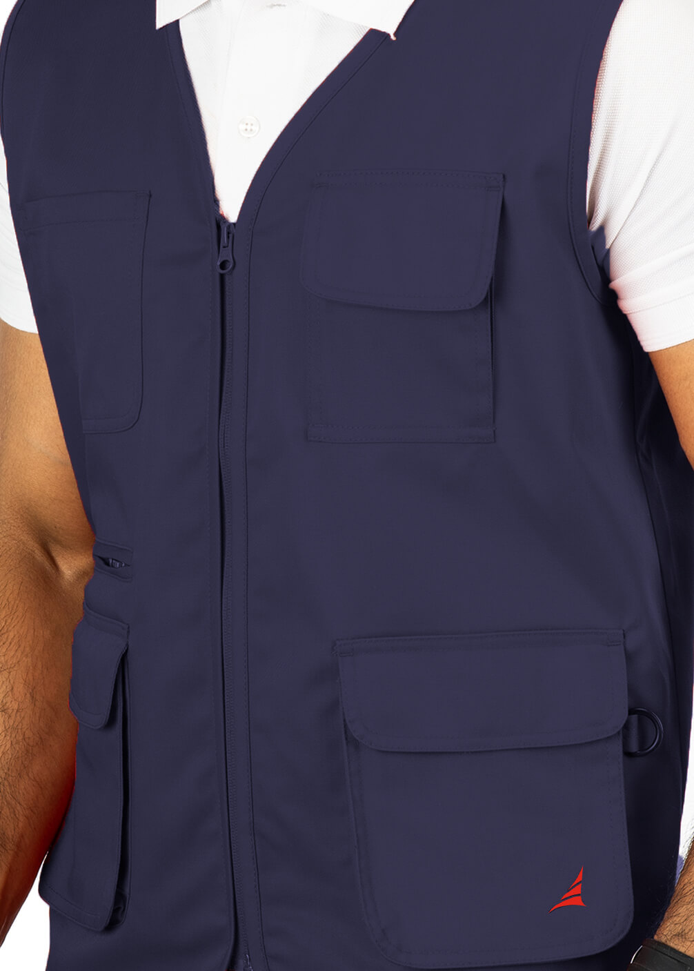 Stylised mid-torso bone pockets with concealed zips. An ergonomically designed multi-utility safari Navy vest.