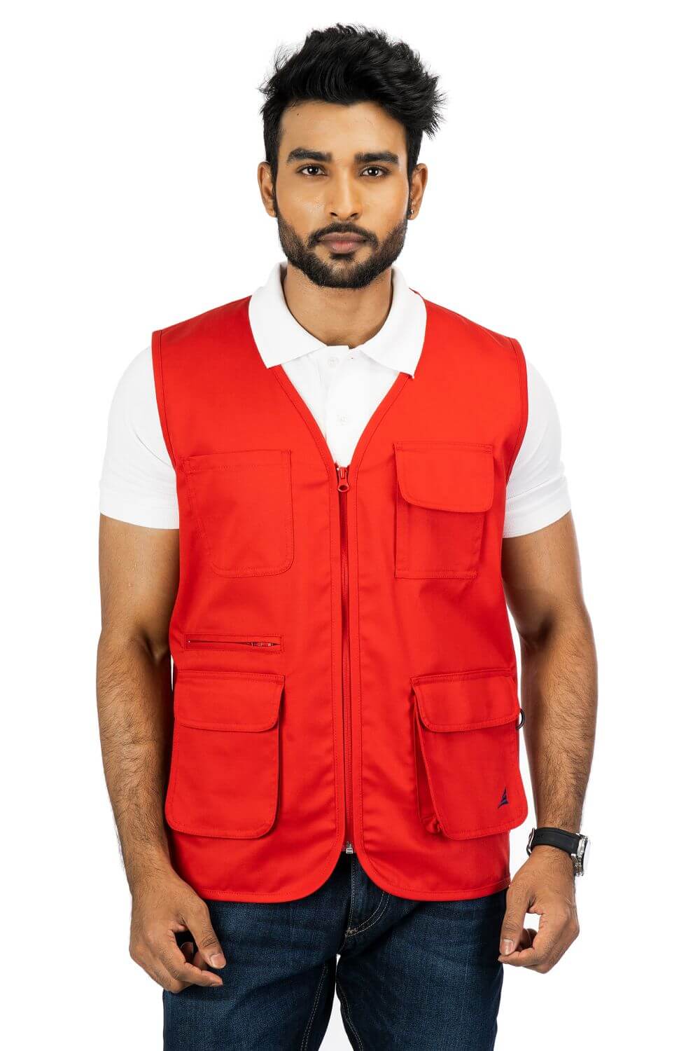 Stylised mid-torso bone pockets with concealed zips. An ergonomically designed multi-utility safari Red vest.