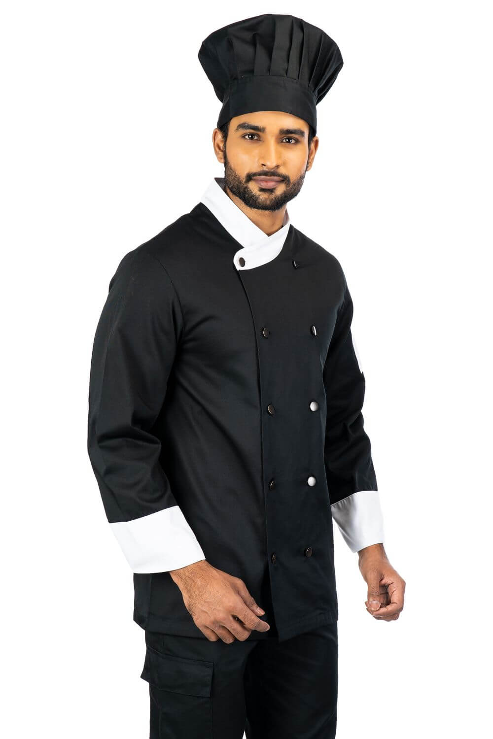 Mandarin Collar and Cuffs With contrast fabrics Cotton Blend Black Chef Jacket