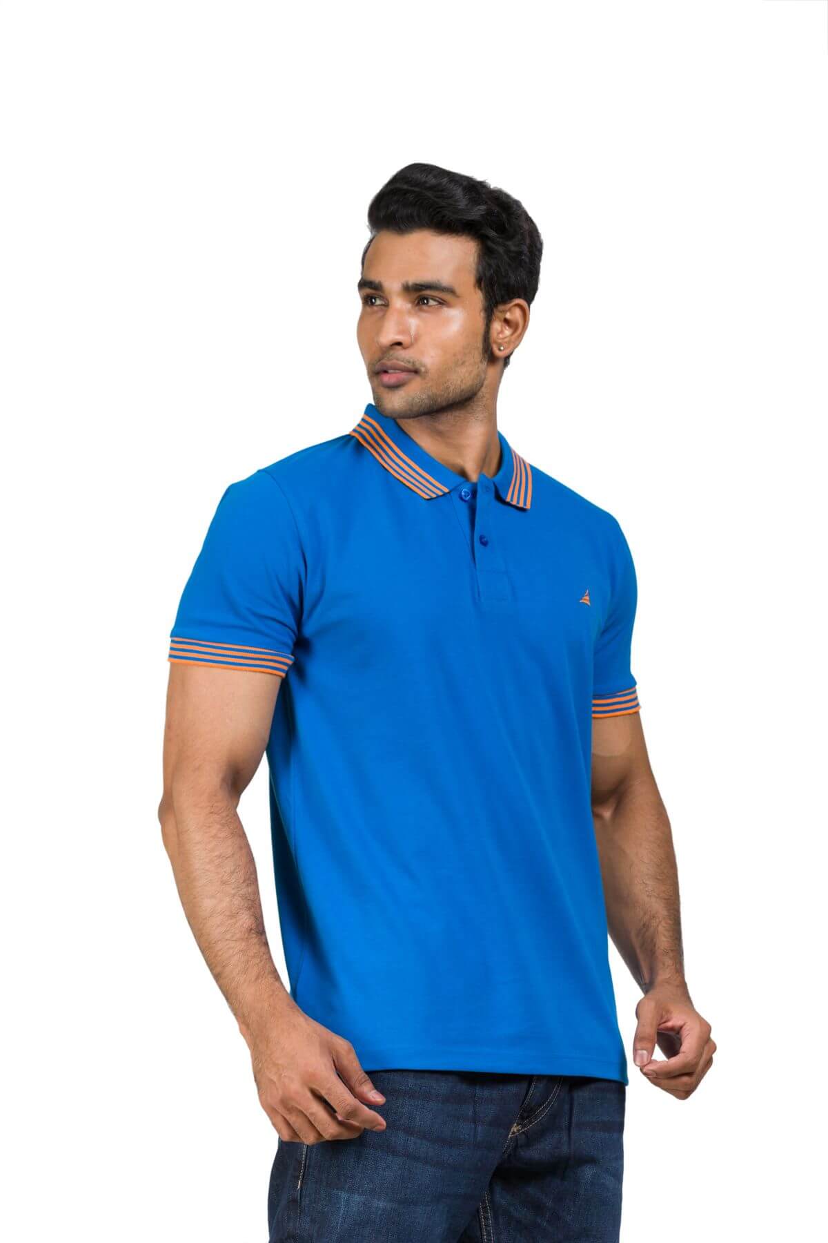 Blue Cotton Blend Twill Polo T-shirt For Men