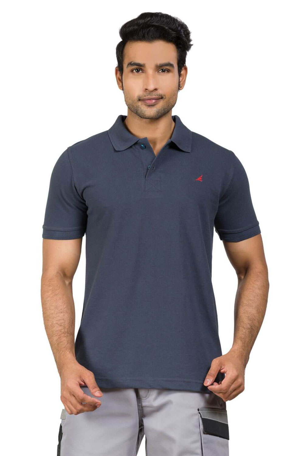 Dark Grey Cotton Blend Twill Polo T-shirt For Men