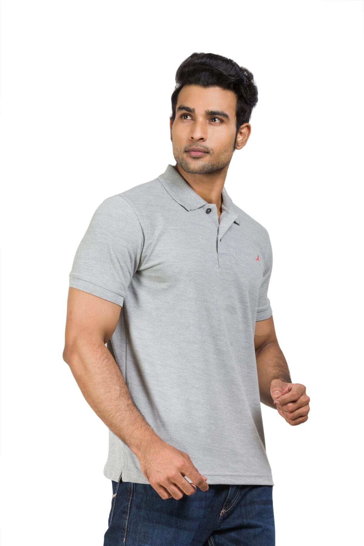 Cotton Blend Solid Grey Polo T-shirt For Men