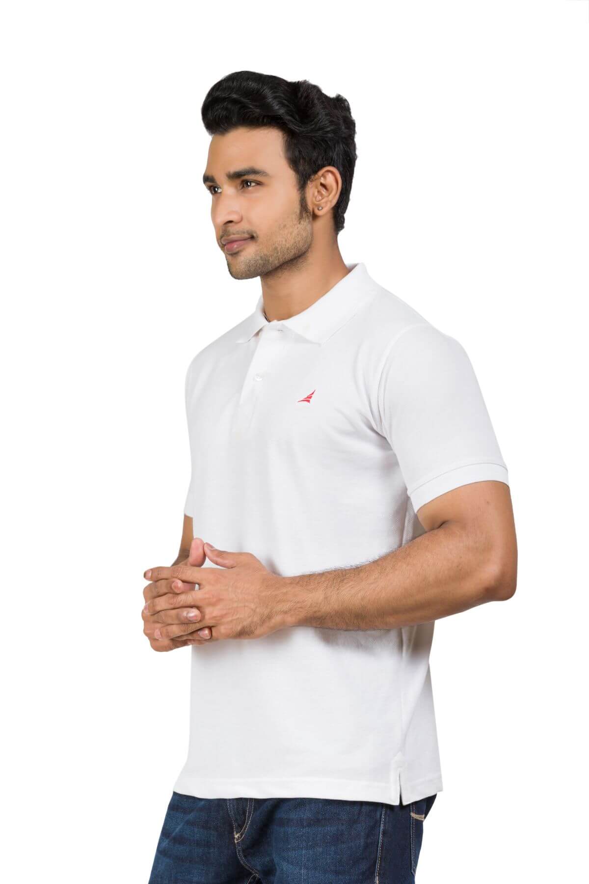 Solid White Cotton Blend Twill Polo T-shirt For Men