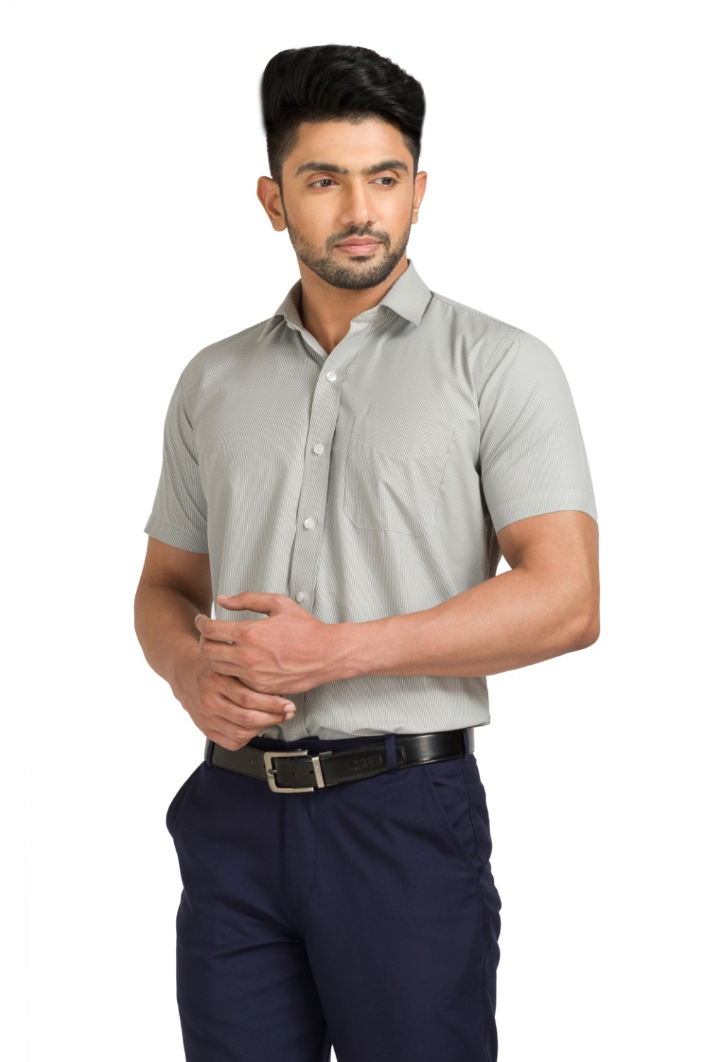 Cotton Blend Grey Striped Half Shirt With A Regular fit and Easy Maintenance