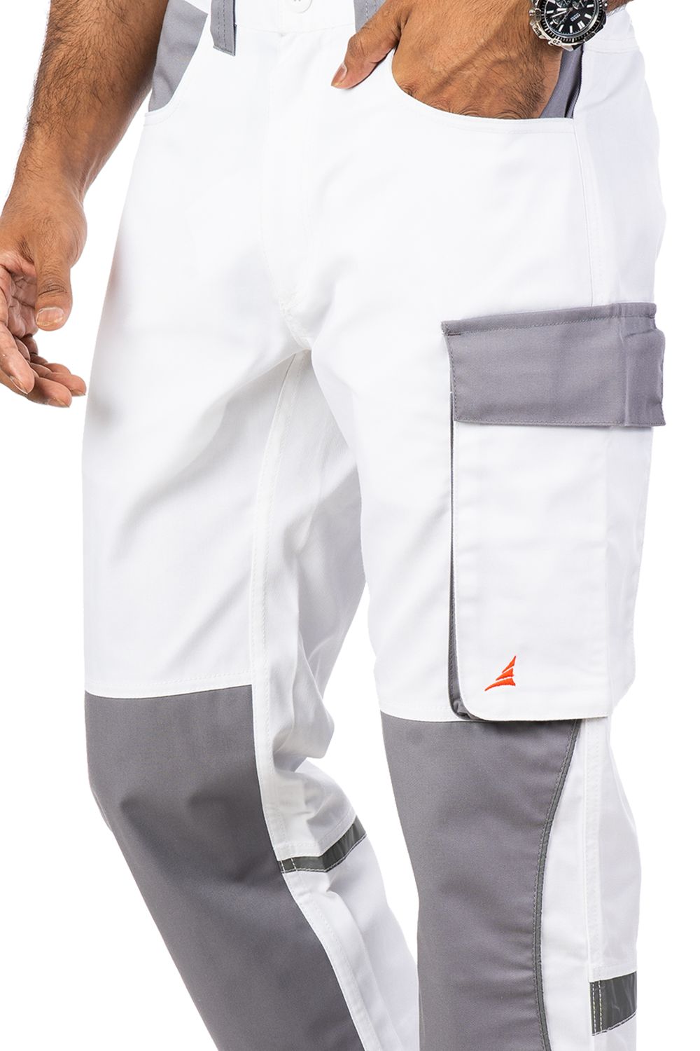 Cotton Blend Multiple pockets Secured Closures Elasticated White-Grey Trouser For Work