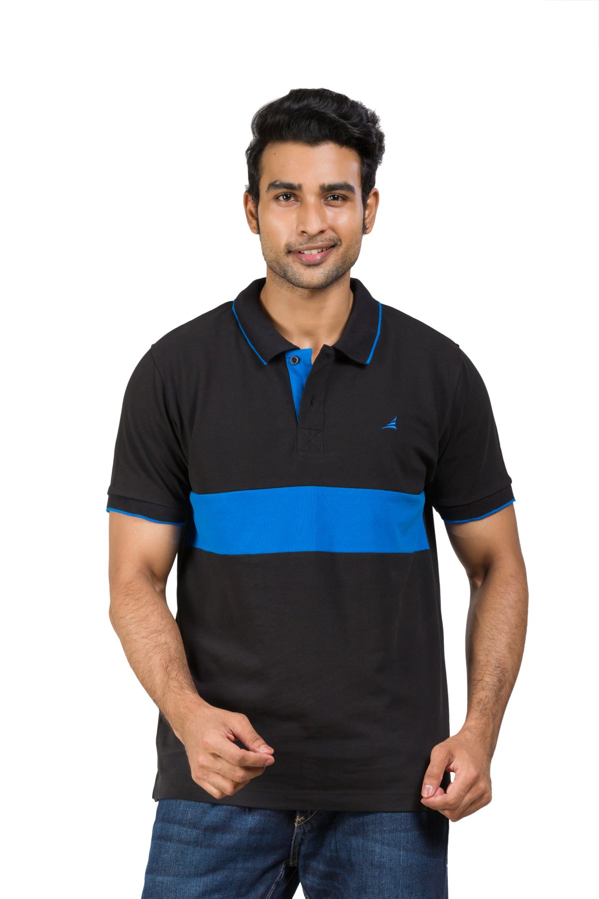 Cotton Blend Polo T-shirt Black-Blue For Men