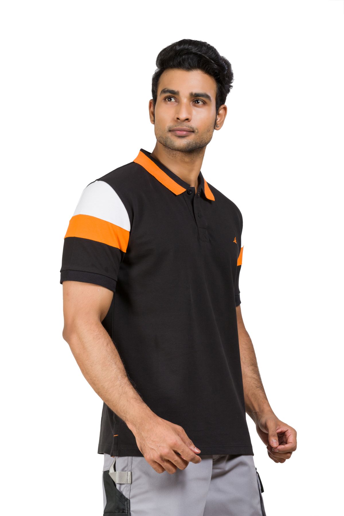 Cotton Blend Polo T-shirt Black-Orange-White for Men